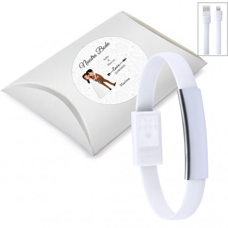 Bracelet chargeur mobile blanc présenté dans une boîte en argent et un adhésif personnalisé pour les mariages
