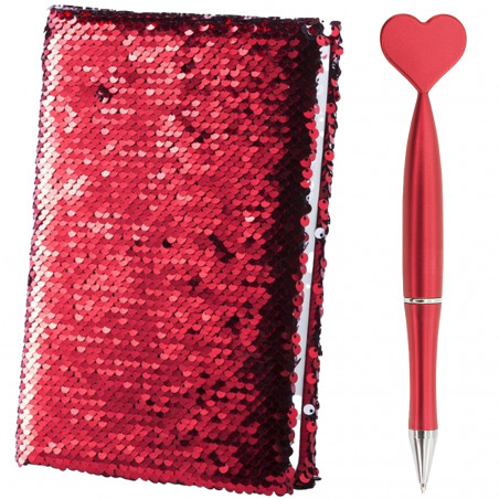 Carnet réversible à paillettes brillantes rouges avec stylo en forme de cœur