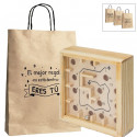 Labyrinthe de billes dans une boîte en bois et présenté dans un sac en papier avec messages