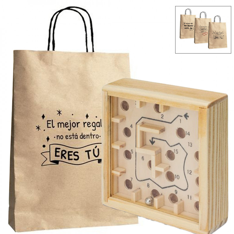 Labyrinthe de billes dans une boîte en bois et présenté dans un sac en papier avec messages