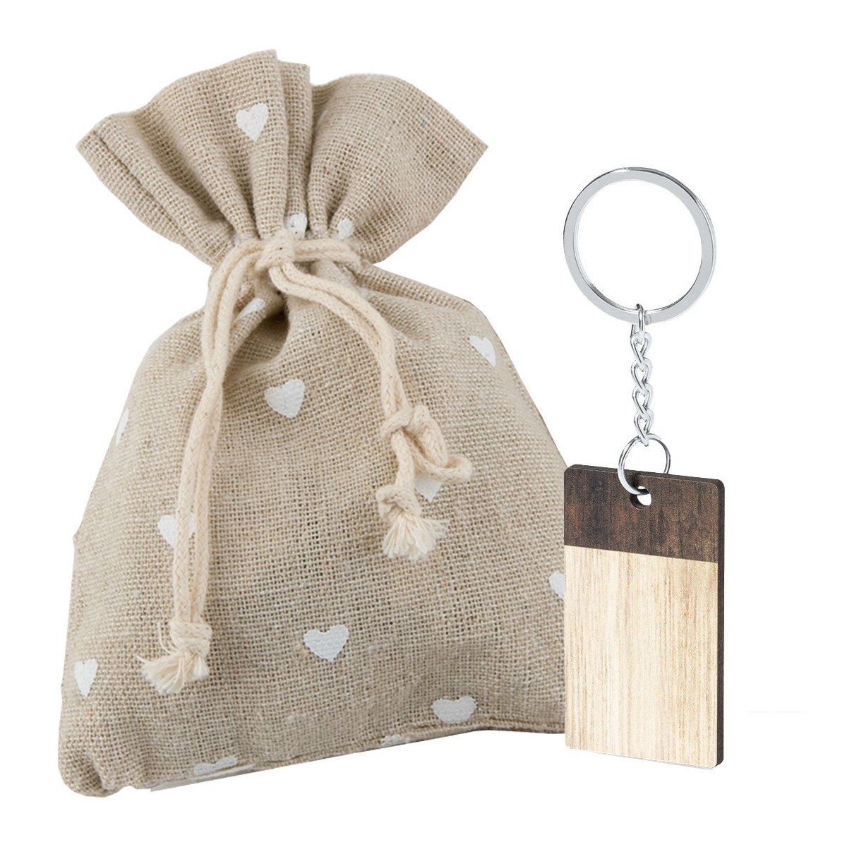 Porte clés en bois bicolore présenté dans un sac rustique