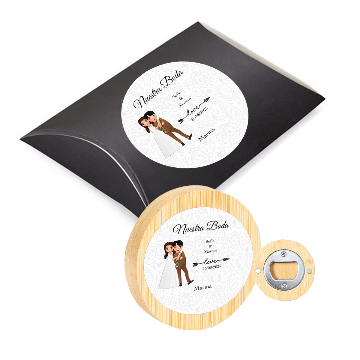 Décapsuleur magnétique personnalisé avec autocollants de mariage et coffret cadeau