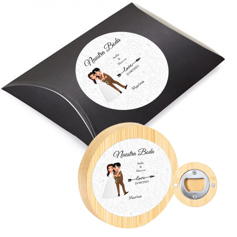 Décapsuleur magnétique personnalisé avec autocollants de mariage et coffret cadeau