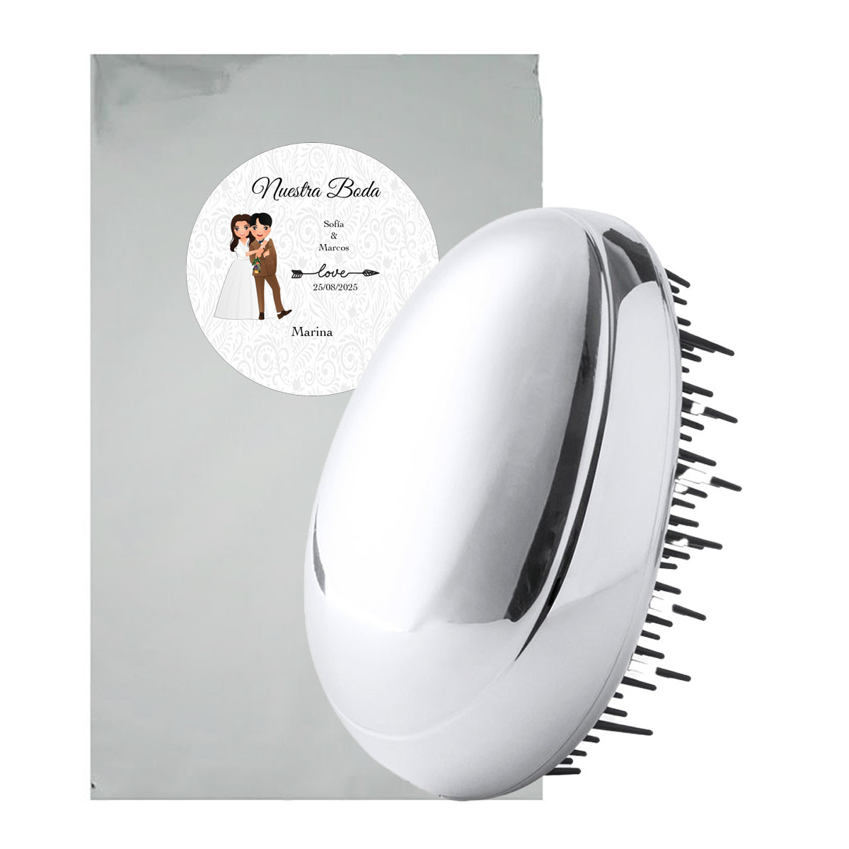 Brosse à cheveux avec coque en argent présenté dans un sac métallique avec des autocollants personnalisés pour les mariages