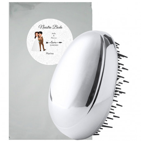 Brosse à cheveux avec coque en argent présenté dans un sac métallique avec des autocollants personnalisés pour les mariages