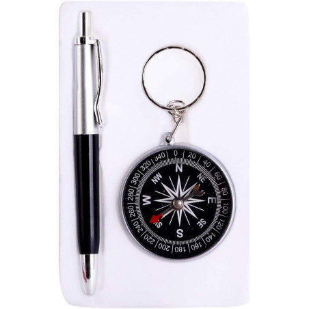 Porte clés boussole avec stylo présenté dans une boîte en carton tuxedo originale avec poignées en forme de nœud