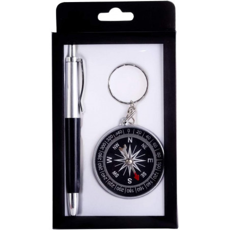 Porte clés boussole avec stylo présenté dans une boîte en carton tuxedo originale avec poignées en forme de nœud