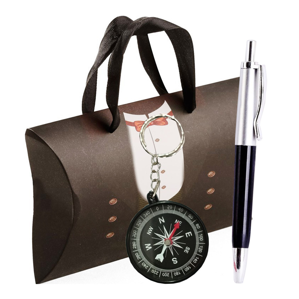 Porte clés boussole avec stylo présenté dans une boîte en carton tuxedo originale avec poignées en forme de nœud