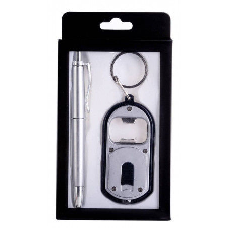 Porte clés lampe de poche avec décapsuleur et stylo de couleur argent présenté dans une boîte cadeau