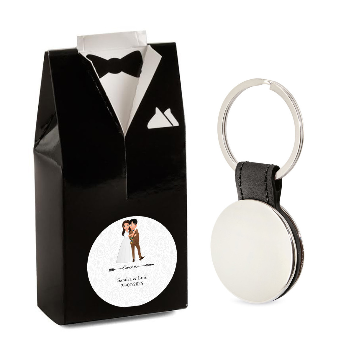 Porte clés élégant pour hommes dans une boîte cadeau design smoking et autocollant de mariage personnalisable