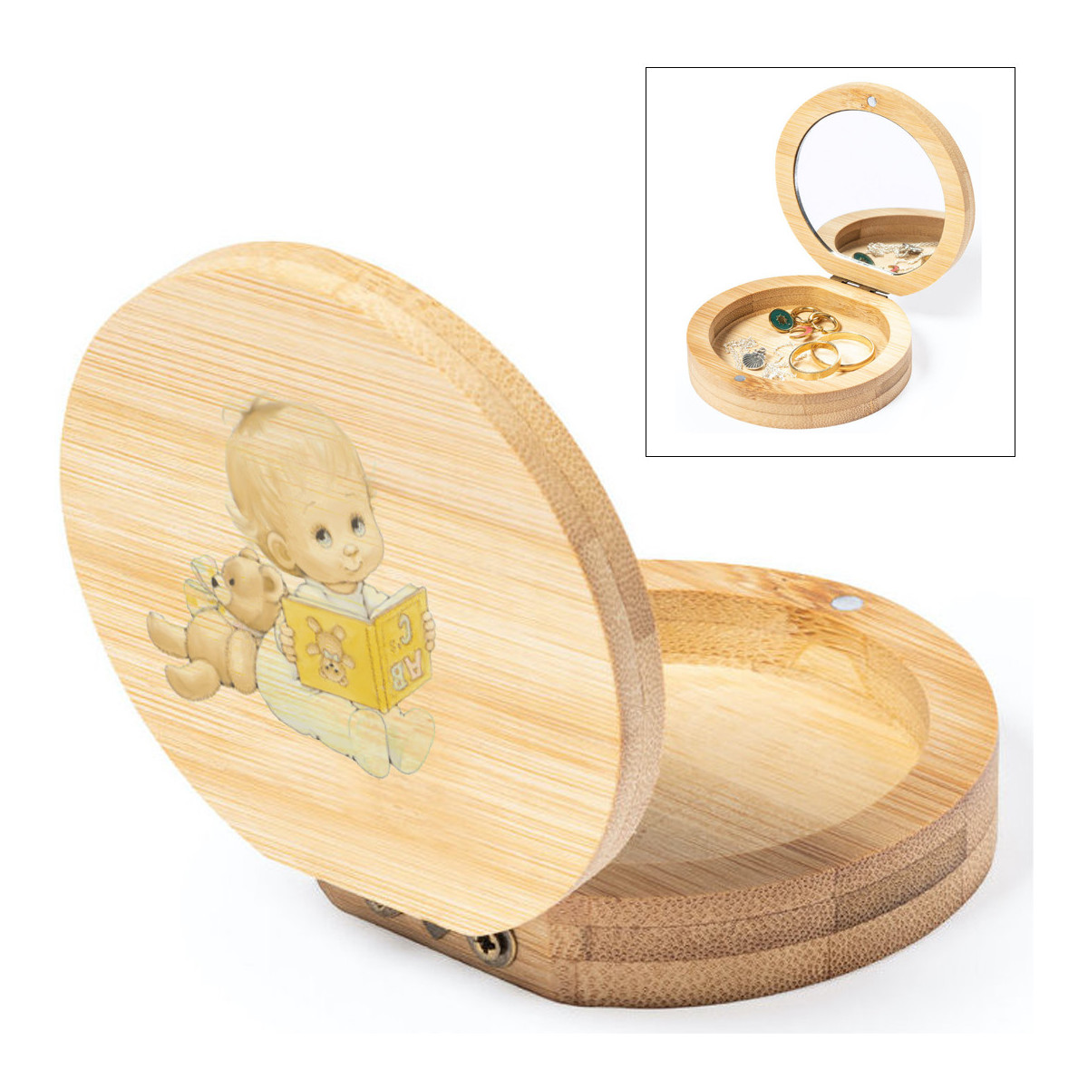 Boîte à bijoux avec petit miroir et autocollant de bébé personnalisé
