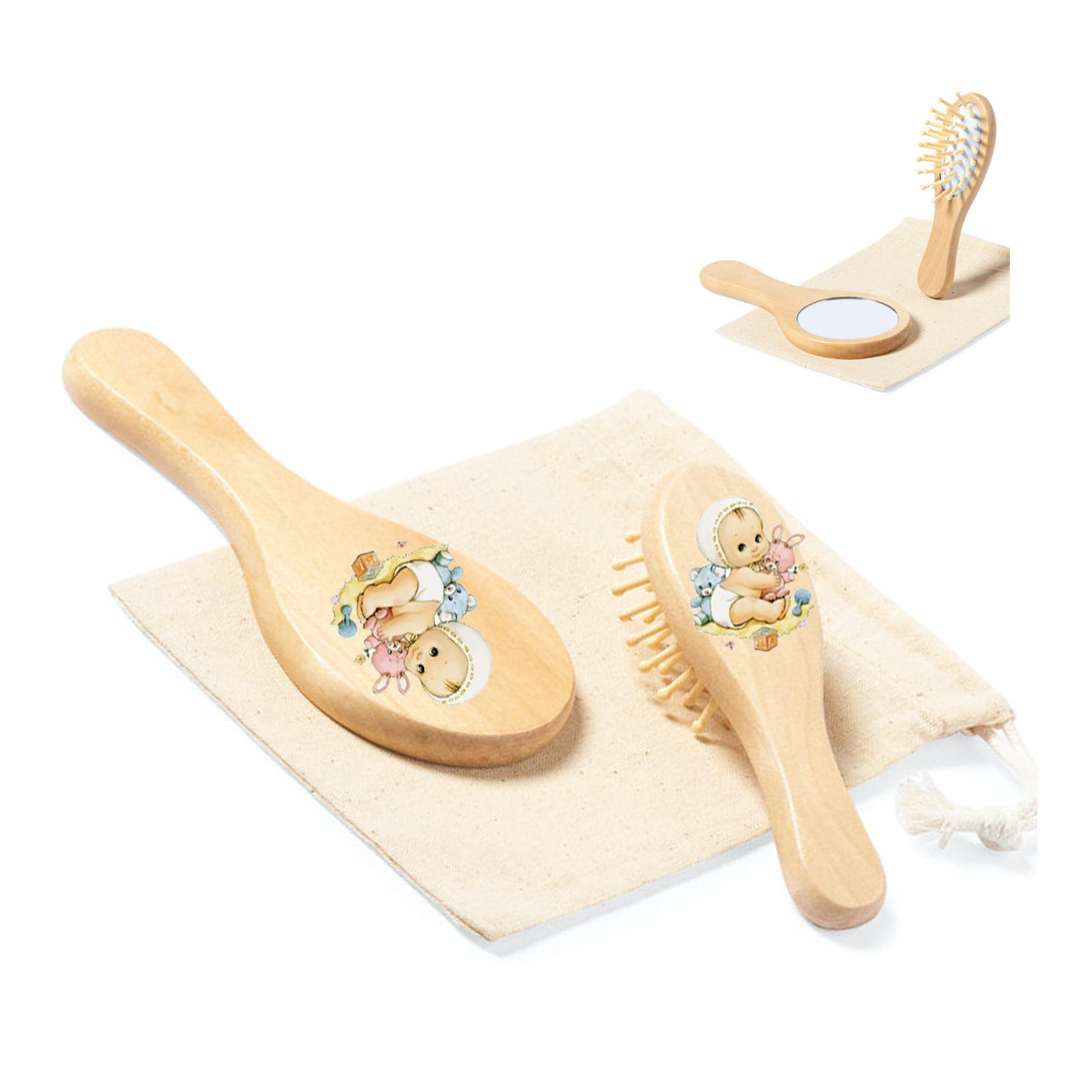 Brosse et miroir à main en bois avec décoration avec autocollant bébé