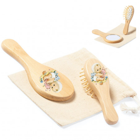 Brosse et miroir à main en bois avec décoration avec autocollant bébé