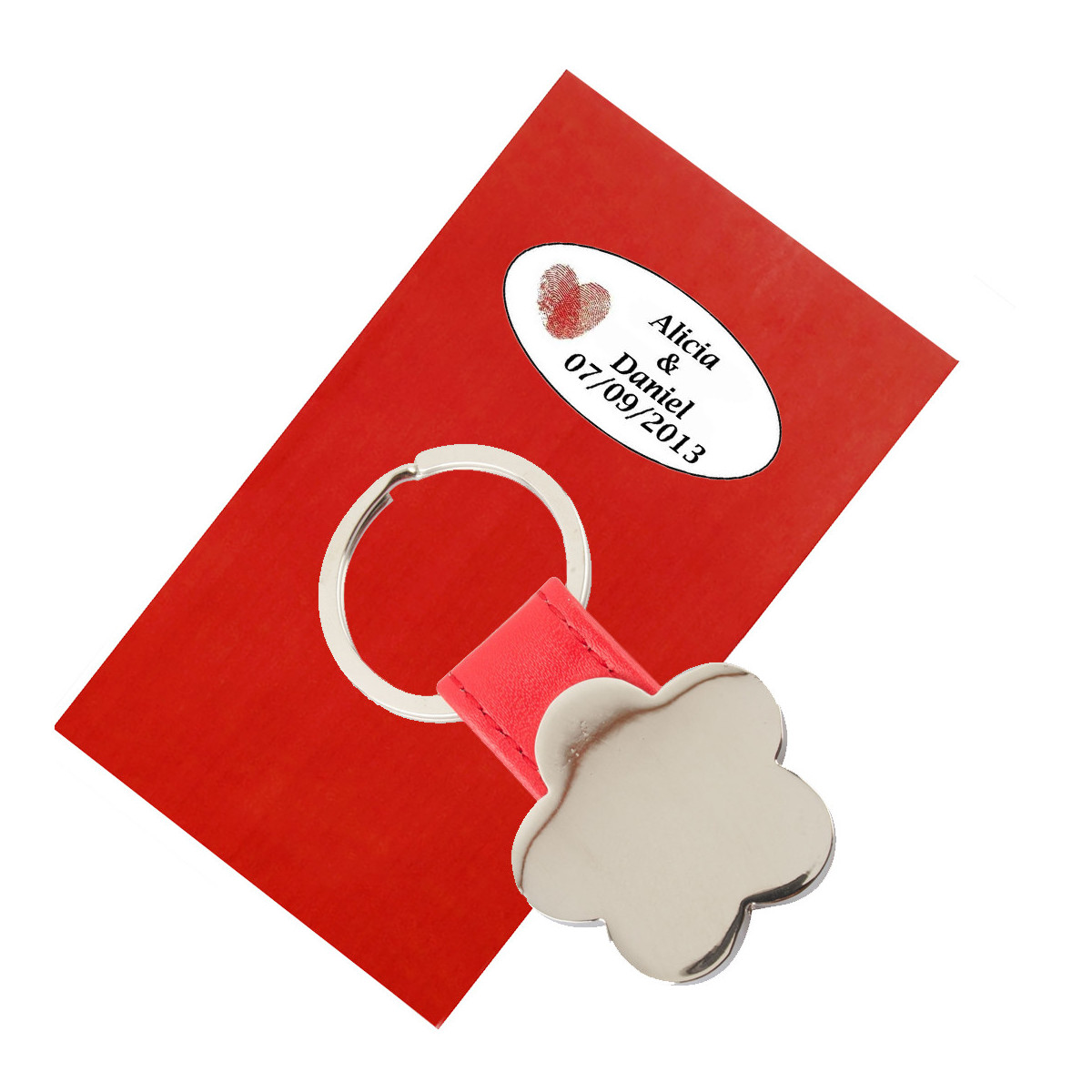 Porte clés en forme de fleur avec similicuir dans une enveloppe cadeau et adhésif personnalisé avec texte