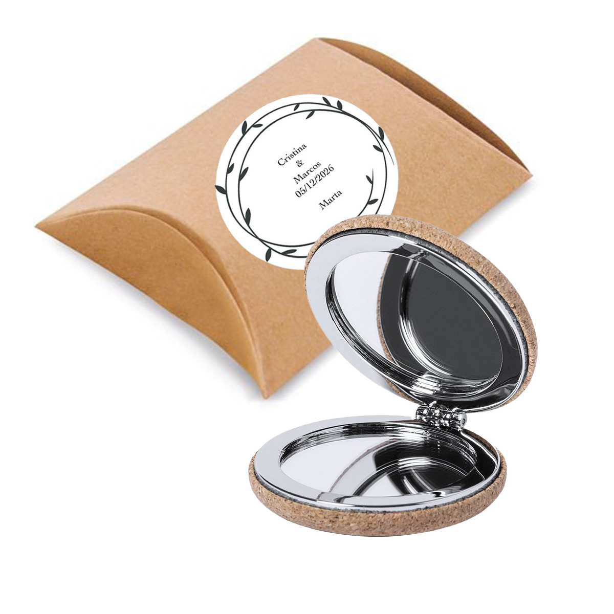 Miroir en liège pour sac à main dans une boîte cadeau avec autocollant texte personnalisé