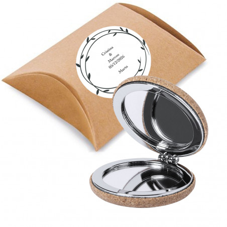 Miroir en liège pour sac à main dans une boîte cadeau avec autocollant texte personnalisé