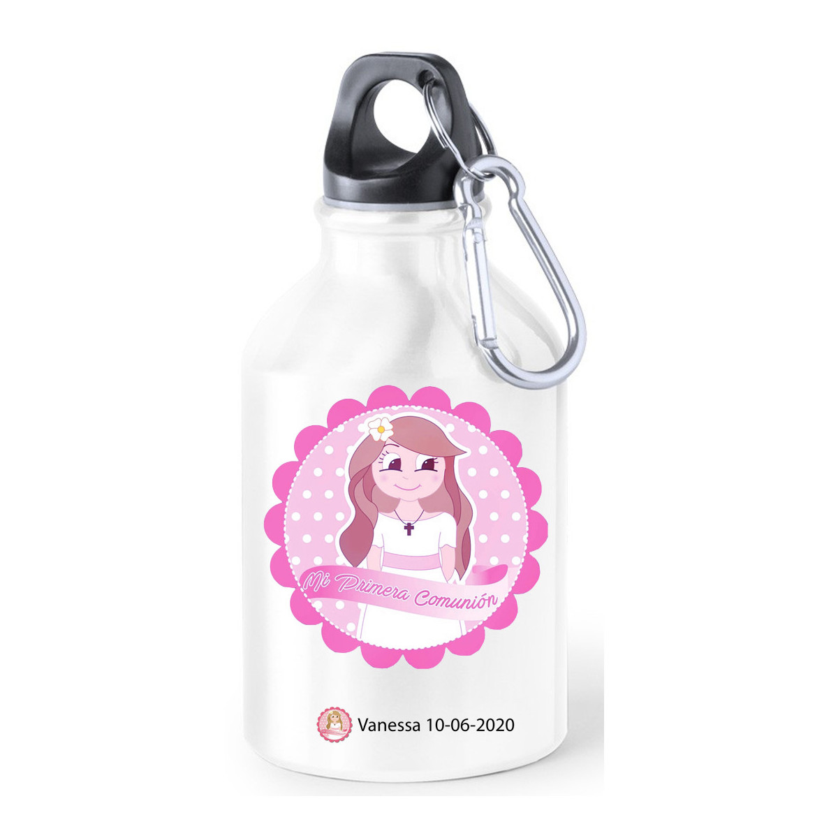 Bouteilles d'eau de communion en aluminium présentées avec des autocollants de communion personnalisés