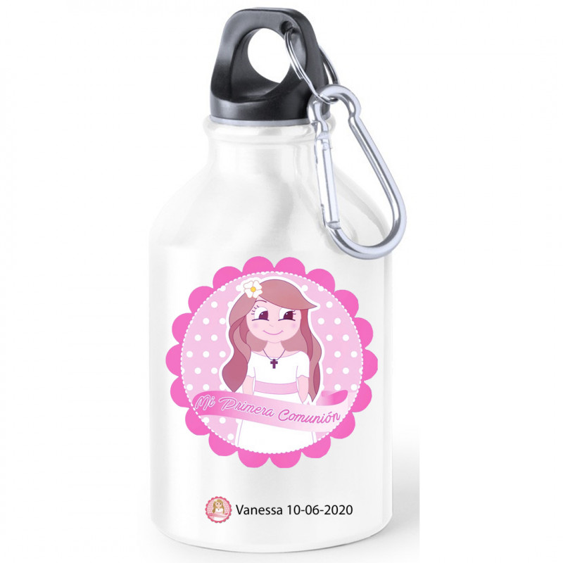 Bouteilles d'eau de communion en aluminium présentées avec des autocollants de communion personnalisés