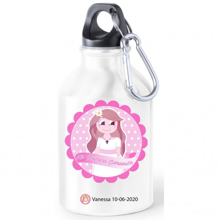 Bouteilles d'eau de communion en aluminium présentées avec des autocollants de communion personnalisés