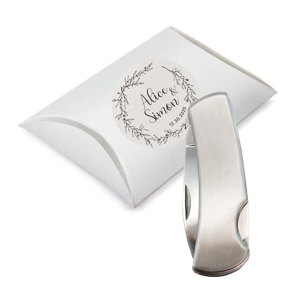 Couteau en acier inoxydable de couleur argent dans une boîte cadeau avec autocollant personnalisé pack cadeau