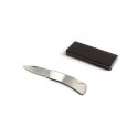 Couteau de poche en acier inoxydable de couleur argent dans une boîte cadeau avec autocollant personnalisé
