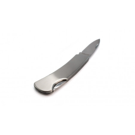 Couteau de poche en acier inoxydable de couleur argent dans une boîte cadeau avec autocollant personnalisé