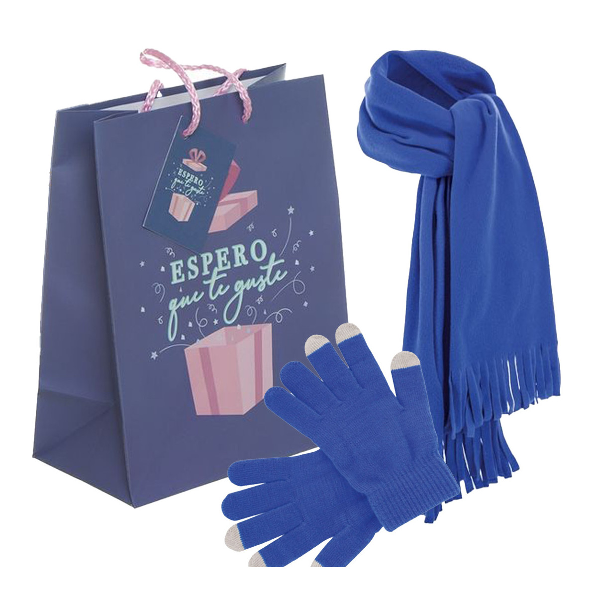 Gants tactiles et écharpe polaire dans un sac en papier comme cadeau unisexe