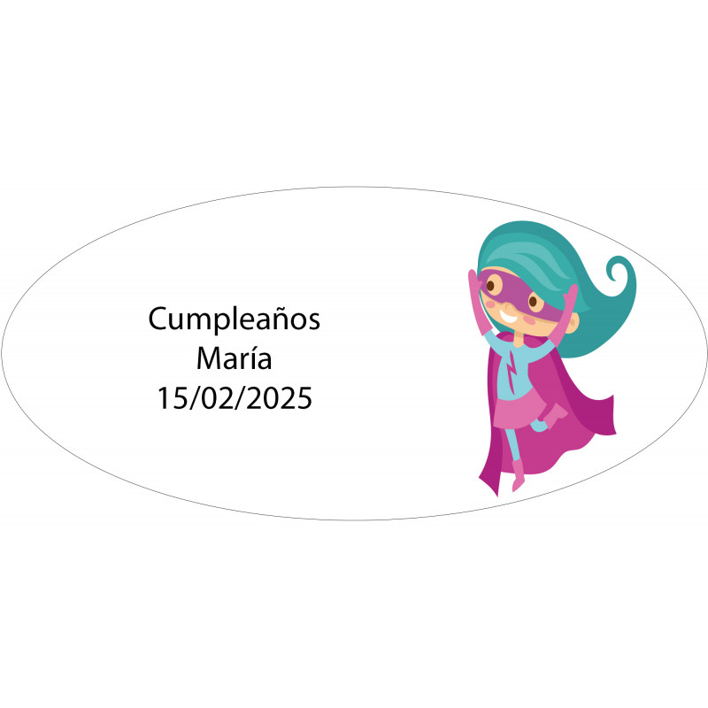 Autocollant ovale fille super-héros personnalisé avec nom et date