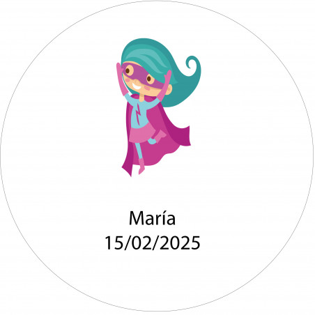 Autocollant rond 3 cm super-héroïne fille personnalisé avec nom et date