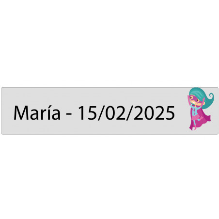 Sticker rectangulaire transparent 5 x 1 fille super-héros personnalisé avec nom et date