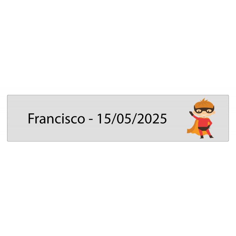 Sticker rectangulaire transparent 5 x 1 super-héros personnalisé avec nom et date