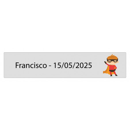 Sticker rectangulaire transparent 5 x 1 super-héros personnalisé avec nom et date