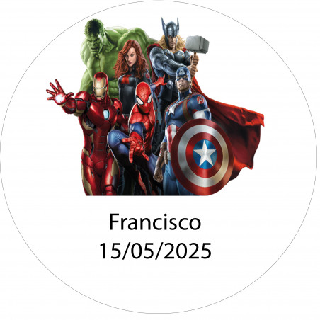 Autocollant rond Avengers 3cm personnalisé avec nom et date