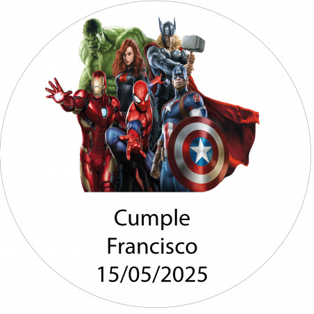 Autocollant rond Avengers 5 cm personnalisé avec nom et date