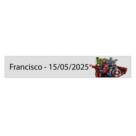 Sticker rectangulaire transparent 5 x 1 Avengers personnalisé avec nom et date