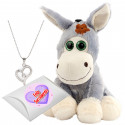Pendentif breloque en peluche âne et coeur argenté dans une boîte cadeau en carton avec autocollant pour la saint valentin