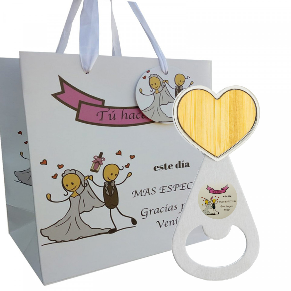 Ouvre bouchon fini en bois et présenté dans un sac avec adhésifs pour les détails du mariage