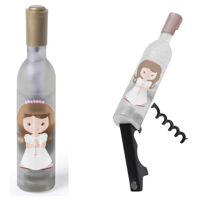 Tire-bouchon en forme de bouteille avec un aimant personnalisé avec un autocollant comme détail de communion