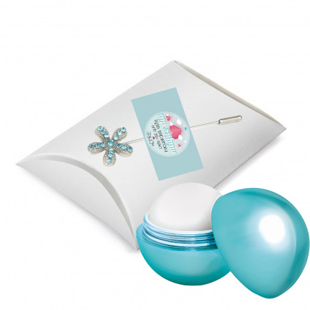 B gloss à lèvres boule dans une boîte de présentation et épingle décorative