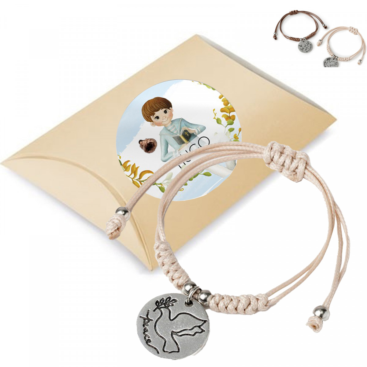 Bracelet en corde femme avec médaille suspendue présenté dans une boîte cadeau avec un autocollant de communion personnalisé