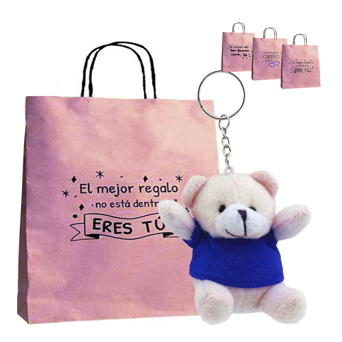 Porte clés ours en peluche avec t shirt dans un sac cadeau
