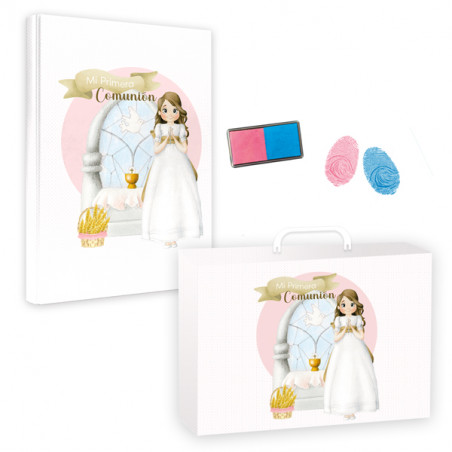 Livre de signatures mallette Communion de fille avec des encres pour empreintes
