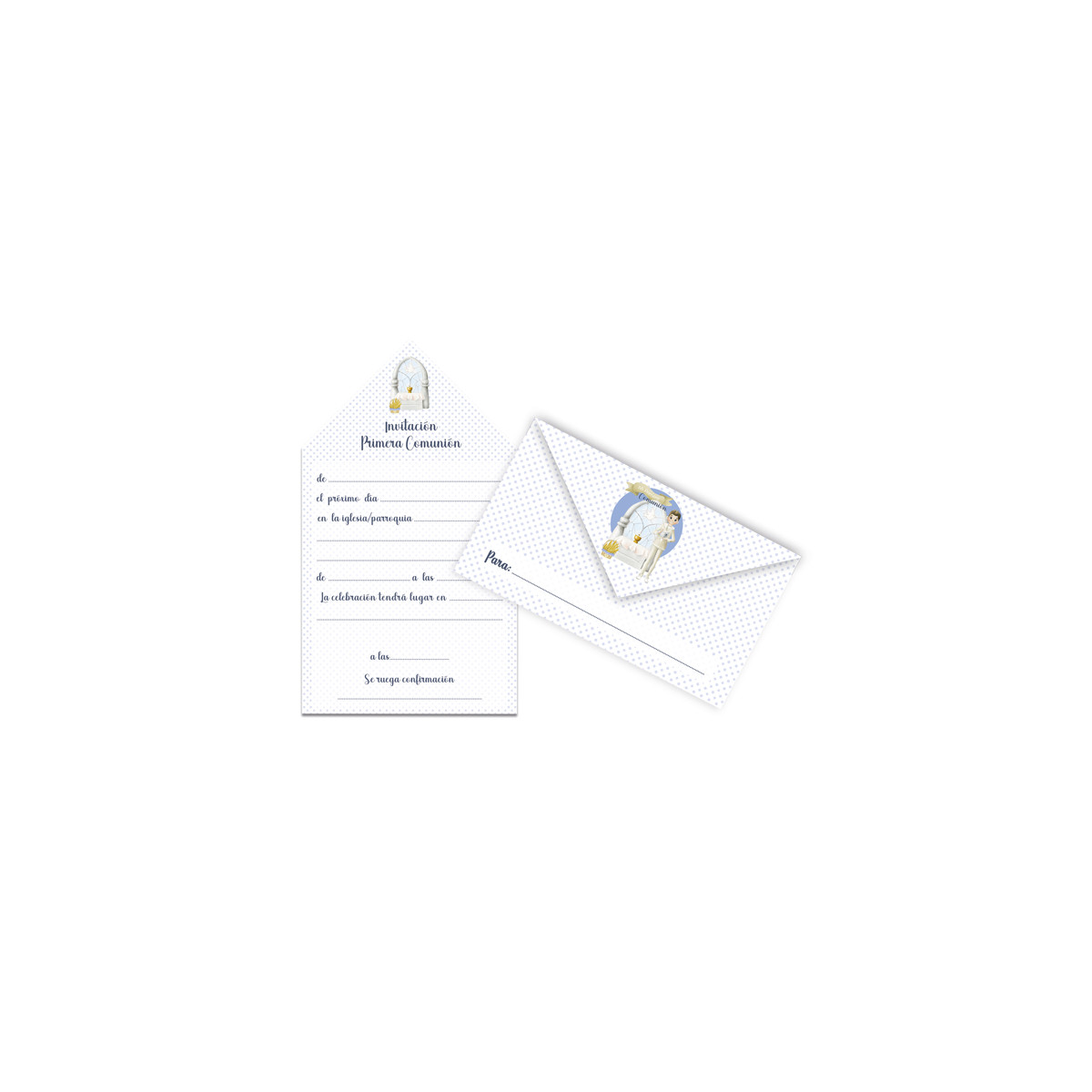 Blister de 10 invitations de Communion originales pour garçon en forme d'enveloppe pliable