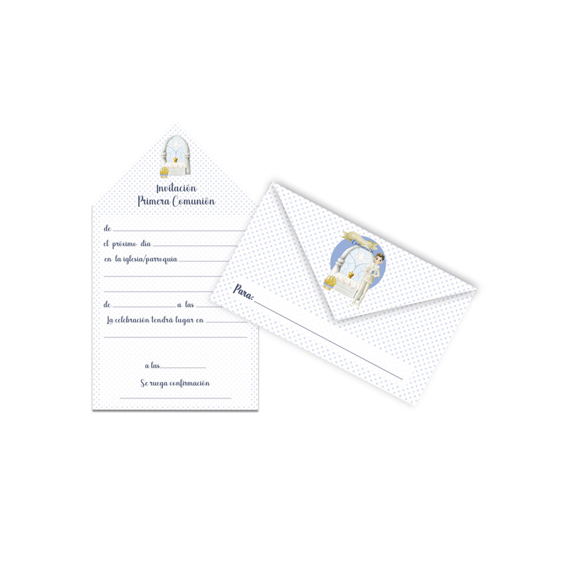 Blister de 10 invitations de Communion originales pour garçon en forme d'enveloppe pliable