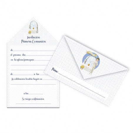 Blister de 10 invitations de Communion originales pour garçon en forme d'enveloppe pliable