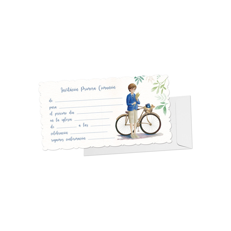 Blister 10 invitation + enveloppe communion enfant vélo