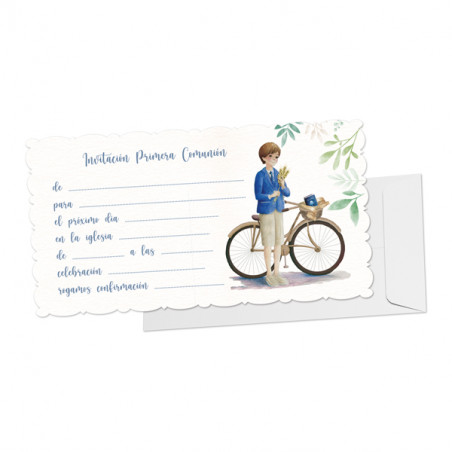 Blister 10 invitation + enveloppe communion enfant vélo