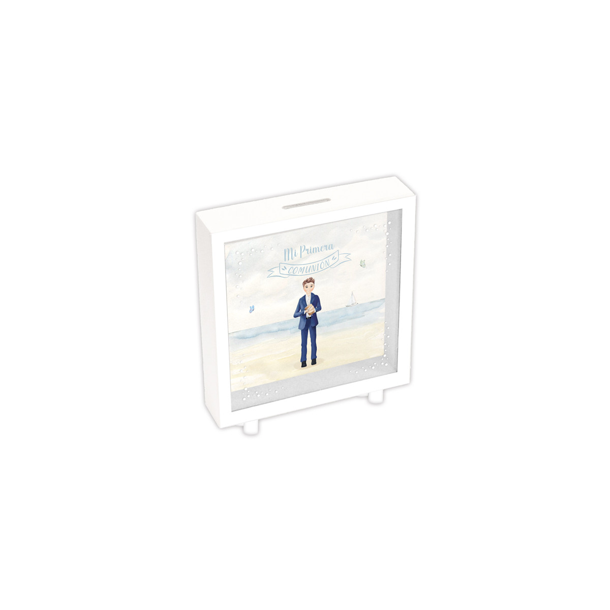 Tirelire blanche avec espace pour photo