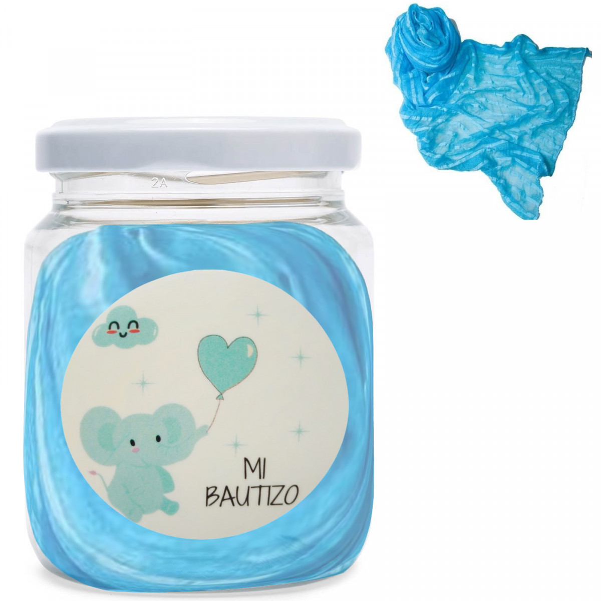 Mouchoir pour femme présenté dans un pot transparent avec autocollant de baptême