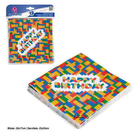 Pack de 12 serviettes en papier pour fêtes avec un design de blocs